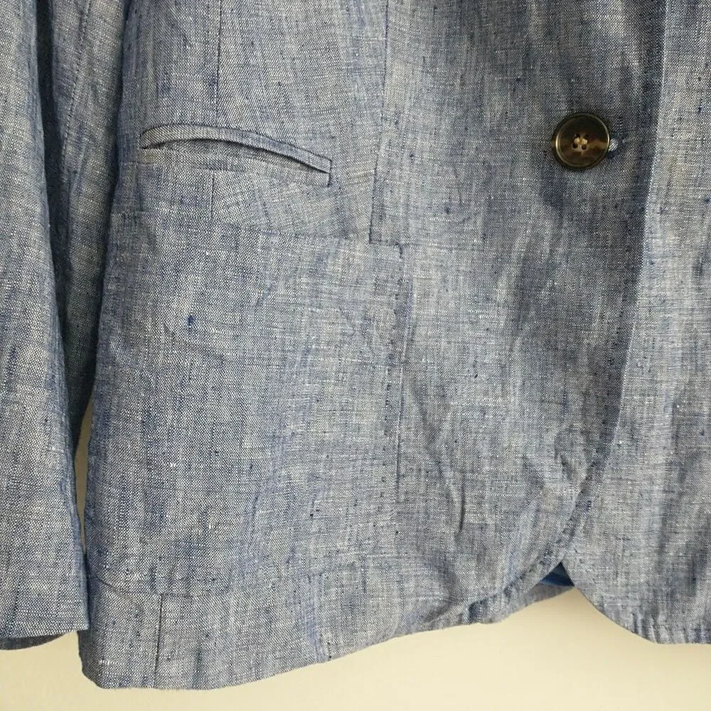 Talbots Blazer Jacket Womens MPetite Blue 100% Linen 2-Button Lined Coastal